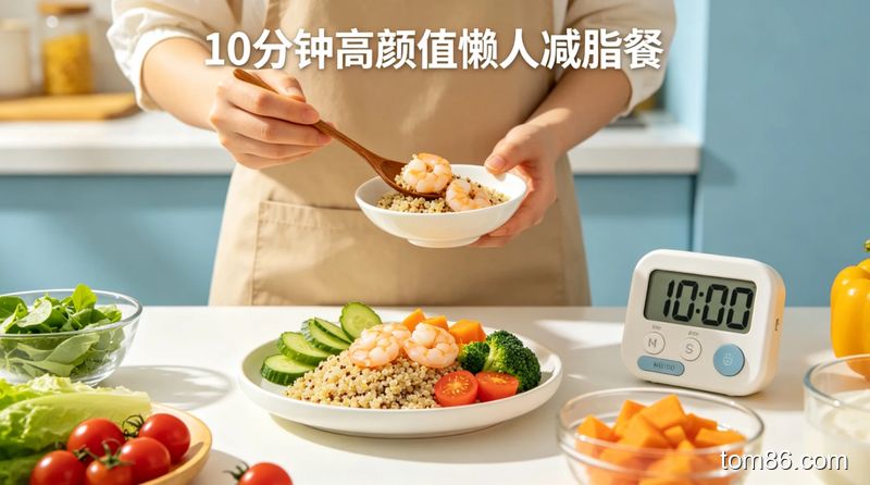 厨房场景,新手女生快速组装减脂餐,食材为藜麦、虾仁、鲜蔬,旁边计时器显示 10 分钟,文字标注 “10 分钟高颜值懒人减脂餐”,清新明亮风格
