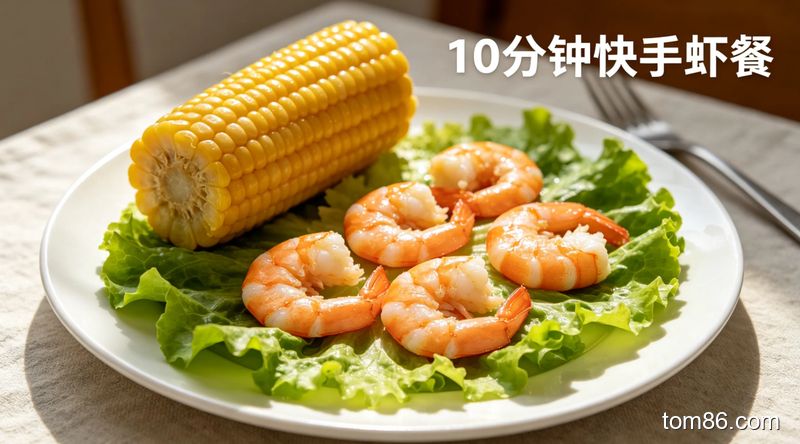 餐桌场景,懒人用现成的即食生菜、水煮玉米搭配煮虾,快速摆盘成低卡餐,风格生活化,标注 “10 分钟快手虾餐” 文字