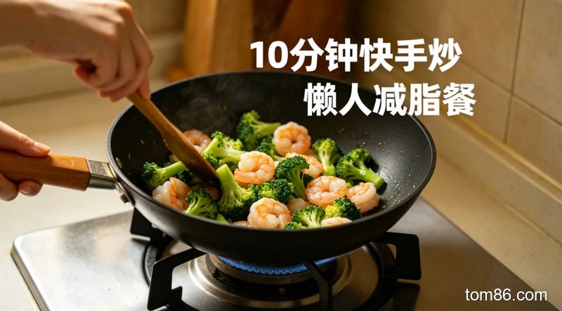 燃气灶前，一只手拿着不粘锅快速翻炒西兰花和虾仁，锅内食材色泽鲜亮，风格生活化，标注文字 &ldquo;10 分钟快手炒 懒人减脂餐&rdquo;