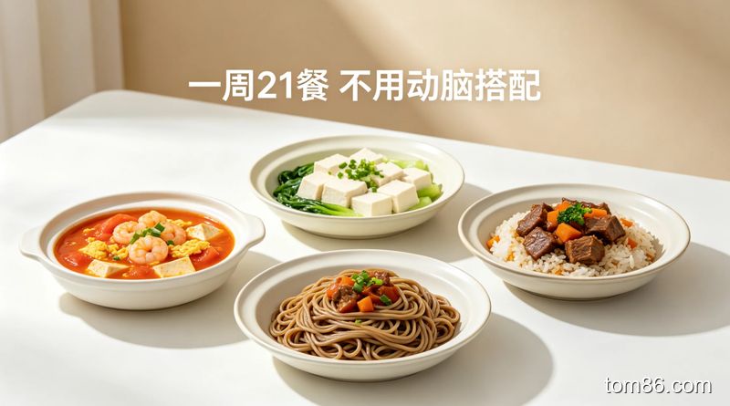 餐桌场景，清新明亮整洁风格，展示三款减脂餐（番茄虾仁豆腐煲、番茄鸡蛋荞麦面、牛肉蔬菜焖饭）摆放在桌上，标注文字「一周 21 餐 不用动脑搭配」
