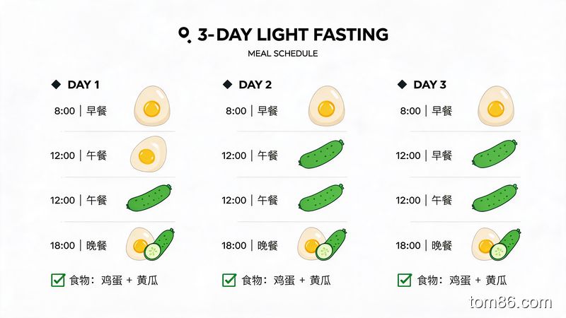 三天轻断食食谱安排表,黄瓜鸡蛋为主,日期与餐次清晰标注