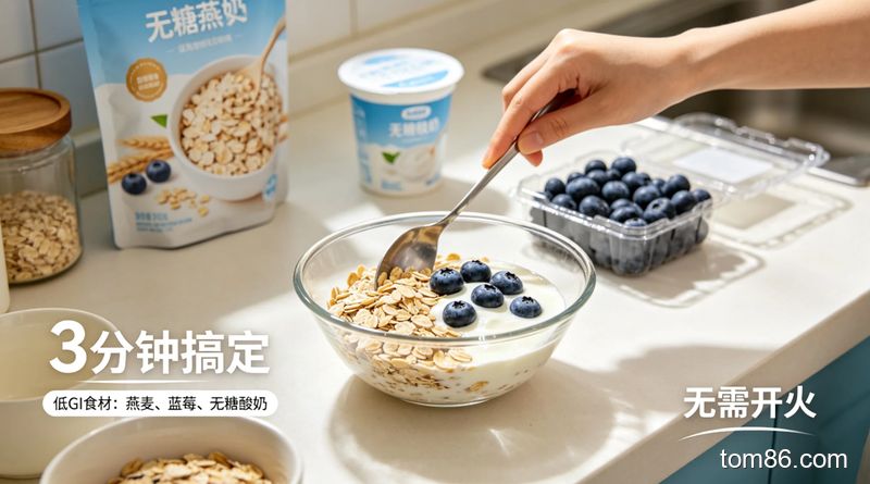 快速搅拌即食燕麦、无糖酸奶和蓝莓，风格：清新明亮生活化，关键元素：标注 &ldquo;3 分钟搞定&rdquo; 文字，低 GI 食材（燕麦、蓝莓、无糖酸奶），突出 &ldquo;无需开火&rdquo; 懒人特点