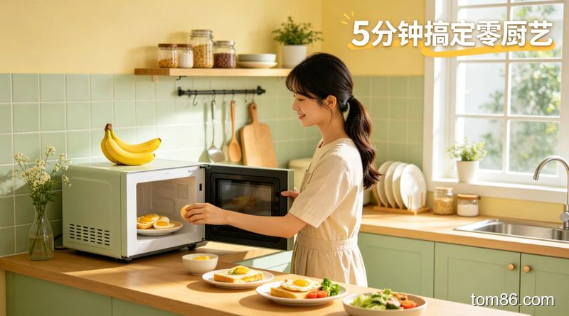厨房场景，清新明亮生活化风格，女生用微波炉加热香蕉鸡蛋，旁边摆着做好的快手餐，标注 &ldquo;5 分钟搞定零厨艺&rdquo;，无复杂厨具