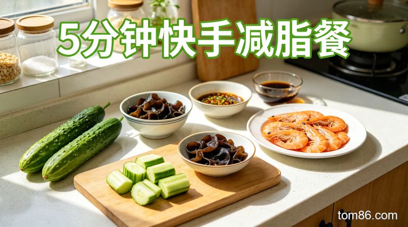 厨房操作台场景，快速制作凉拌黄瓜木耳和白灼大虾，清新明亮生活化风格，关键元素：新鲜黄瓜、木耳、大虾，标注 &ldquo;5 分钟快手减脂餐&rdquo; 文字