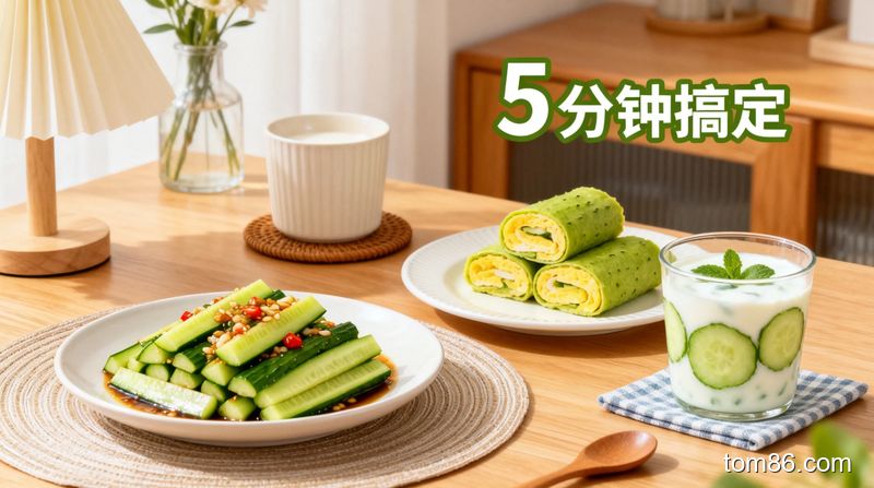 温馨居家餐桌场景,呈现 3 种快手黄瓜代餐成品:凉拌黄瓜条、黄瓜鸡蛋卷、黄瓜酸奶杯,旁侧标注 “5 分钟搞定” 文字,风格治愈,突出懒人极简操作