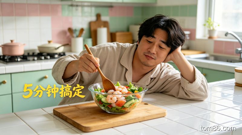 厨房台场景，懒人正用现成冻虾仁、预洗混合蔬菜拌沙拉，动作轻松随意，风格清新明亮，画面标注 &ldquo;5 分钟搞定&rdquo; 文字