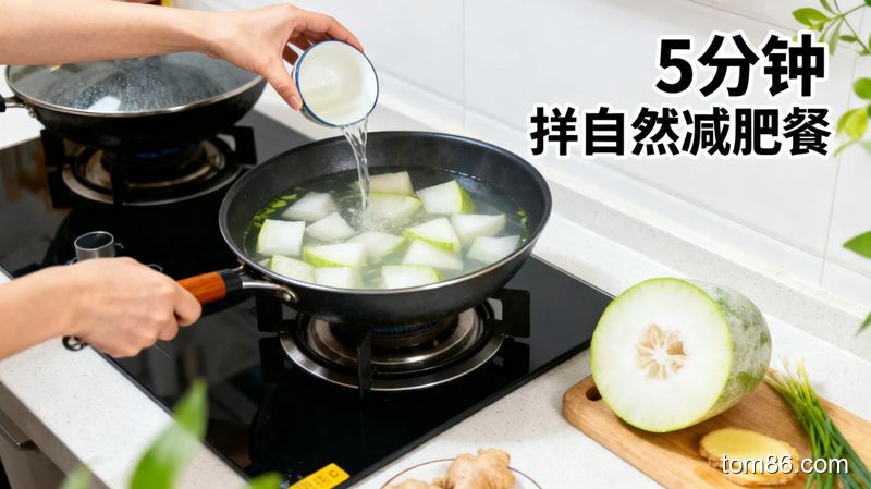 厨房台面场景，新手用普通厨具快速制作冬瓜汤，旁边标注&lsquo;5 分钟快手懒人减肥餐&rsquo;，画面轻松随意，风格清新生活化，体现零厨艺门槛