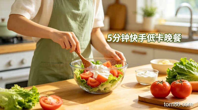 厨房场景,女生站在操作台快速拌番茄酸奶沙拉,食材是新鲜番茄、生菜、原味酸奶,风格清新明亮,画面标注 “5 分钟快手低卡晚餐”