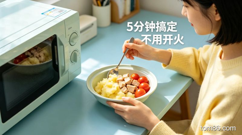 宿舍书桌场景，女生用可微波的碗制作高纤维土豆减脂餐，旁边放着小型微波炉，碗里有土豆泥、鸡胸肉丁、小番茄，风格清新明亮，画面标注 &ldquo;5 分钟搞定 不用开火&rdquo;