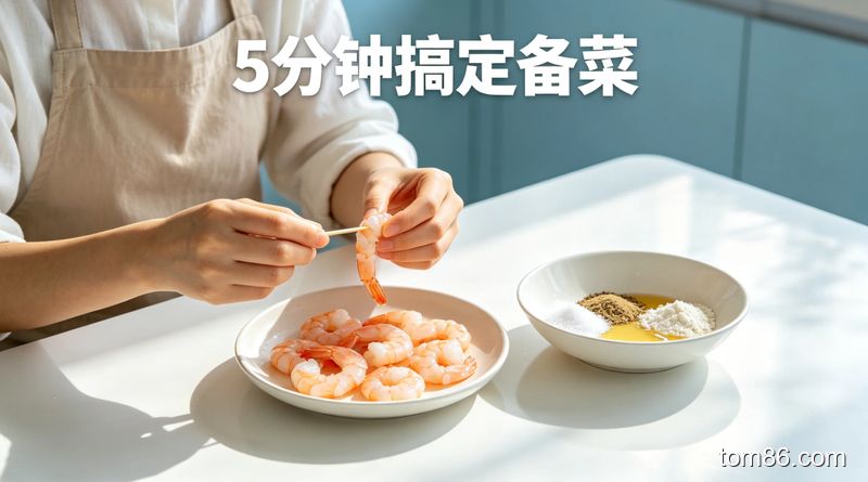 厨房场景，懒人坐在餐桌前快速处理虾仁，用牙签挑虾线，旁边碗里放着预配好的盐、白胡椒粉、料酒、玉米淀粉，清新明亮生活化风格，标注 &ldquo;5 分钟搞定备菜&rdquo; 文字