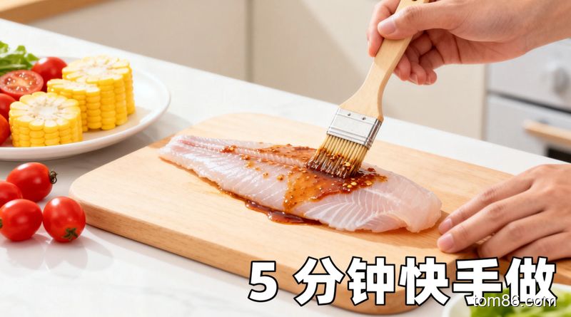 厨房操作台场景，手拿着调料刷给巴沙鱼刷酱汁，旁边摆着切好的玉米、圣女果，清新明亮风格，带有 &ldquo;5 分钟快手做&rdquo; 文字标注，无复杂厨具