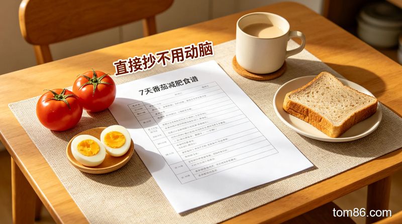 厨房餐桌场景,铺着浅色餐垫,上面摆着写有 7 天番茄减肥食谱的打印纸,旁边放着新鲜番茄、煮鸡蛋、全麦面包,风格生活化,标注 “直接抄不用动脑” 文字