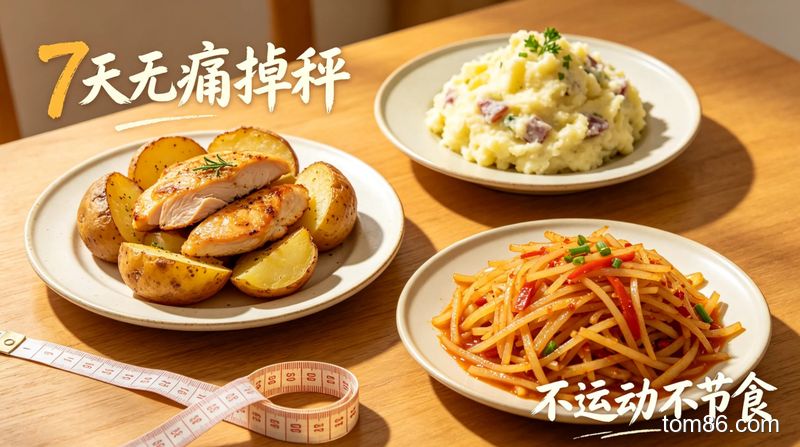 餐桌场景，摆放着 3 款不同的土豆减脂餐，旁边有软尺测量腰围，温馨生活化风格，画面标注文字 &ldquo;7 天无痛掉秤&rdquo;&ldquo;不运动不节食&rdquo;