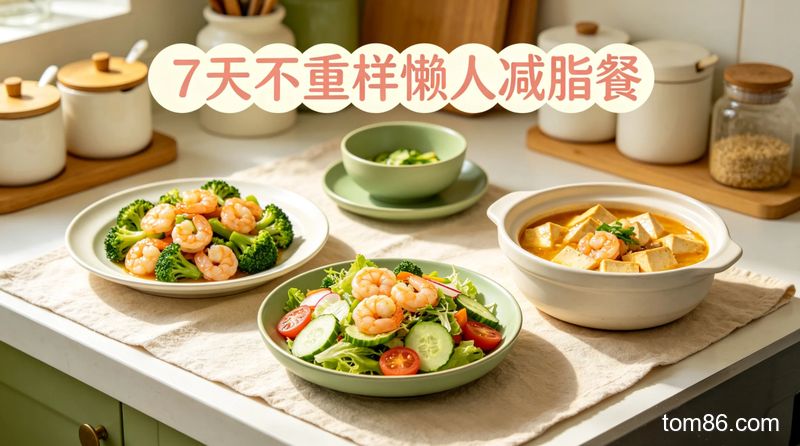 厨房台面场景，摆放 3 种不同的快手虾仁减脂餐，风格清新治愈，画面标注 &ldquo;7 天不重样懒人减脂餐&rdquo; 文字
