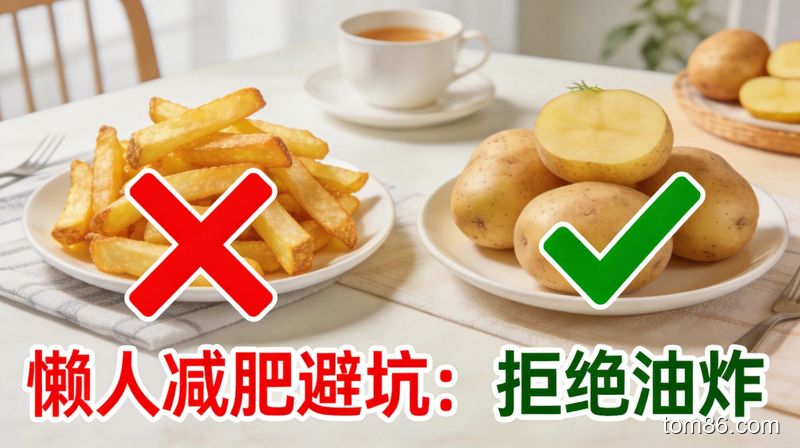 清新明亮的餐桌对比场景，左侧是油炸土豆条（配红色叉号），右侧是蒸土豆（配绿色对勾），标注 &ldquo;懒人减肥避坑：拒绝油炸&rdquo;，生活化风格