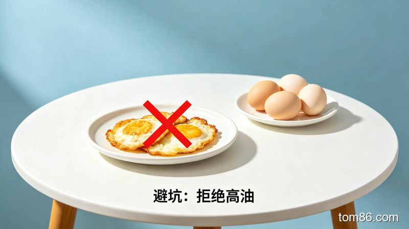 餐桌场景,一盘油炸鸡蛋被红色叉号划掉,旁边放着一盘水煮蛋,风格简约明亮,关键元素:划叉的炸鸡蛋、水煮蛋、“避坑:拒绝高油” 文字标注