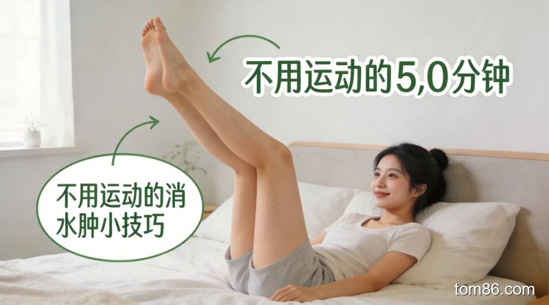 女生躺在床上抬腿 5 分钟，旁边有文字标注 "不用运动的消水肿小技巧"，风格清新舒适，场景生活化
