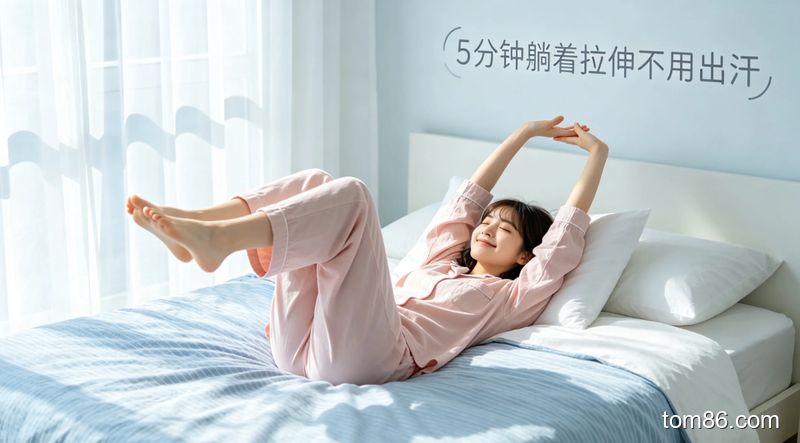 卧室床上场景，清新明亮风格，女生做简单床上拉伸动作，旁边贴 &ldquo;5 分钟躺着拉伸不用出汗&rdquo; 文字，无运动器械