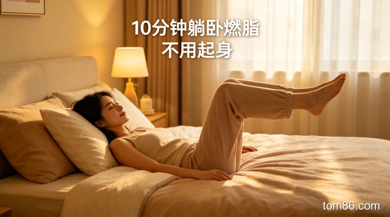 柔软床铺场景，懒人侧卧在床上做双腿并拢上下摆动作，风格柔和温暖，画面标注 &ldquo;10 分钟躺卧燃脂 不用起身&rdquo; 文字