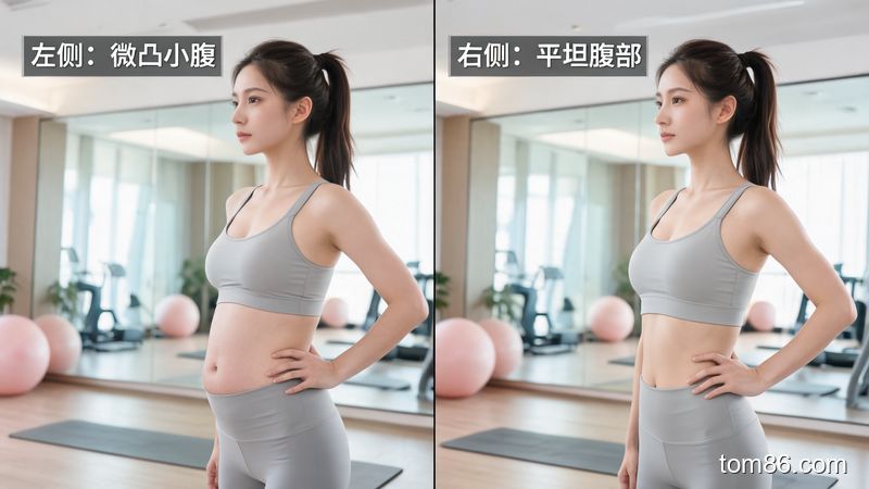减肥前后对比图,女性腹部明显变平坦,展示番茄汁减肥效果,现代简约背景
