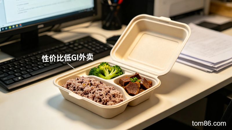 展示外卖餐盒里的杂粮饭、清炒西兰花、卤牛肉套餐，风格：简约写实，关键元素：标注 &ldquo;性价比低 GI 外卖&rdquo; 文字，背景有电脑和办公文件