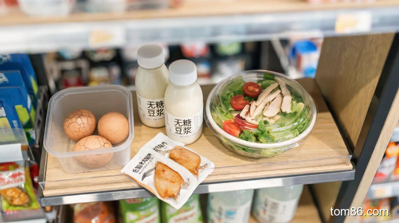 便利商店货架上摆放的减脂期推荐食物,如茶叶蛋、无糖豆浆、鸡胸肉和沙拉,适合懒人减肥餐单