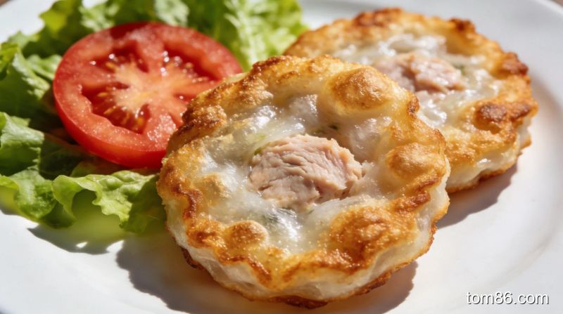煎好的米纸鲔鱼饼放在白色餐盘上,外皮金黄酥脆,旁边点缀着生菜叶和番茄片