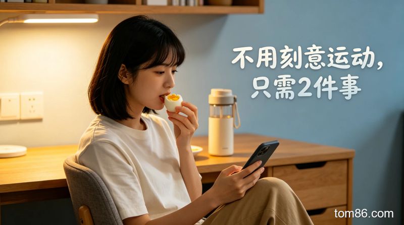 女生一边吃水煮蛋一边刷手机,旁边放着温水杯,风格轻松日常,画面标注 “不用刻意运动,只需 2 件事”