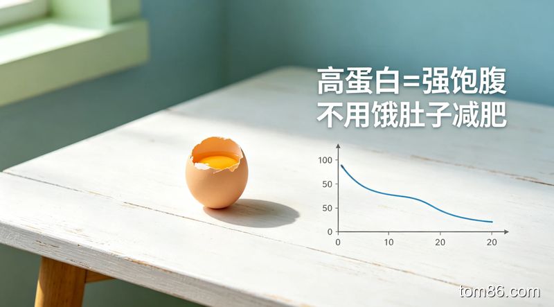 居家桌面场景，简约清新风格，展示一个剥开的鸡蛋，旁边配有&lsquo;高蛋白 = 强饱腹 不用饿肚子减肥&rsquo;的醒目文字，搭配简易饱腹感曲线图