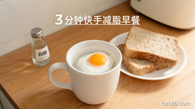 餐桌场景，生活化风格，马克杯里的完美水波蛋搭配全麦吐司，标注文字 &ldquo;3 分钟快手减脂早餐&rdquo;，关键元素：马克杯、鸡蛋、白醋、全麦面包