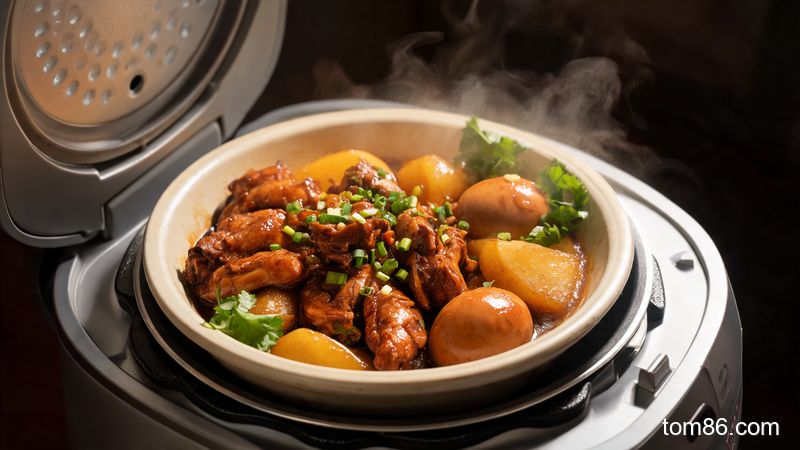 成品电饭锅土豆焖鸡减脂餐，鸡肉软糯土豆绵密，搭配青菜和鸡蛋，营养均衡