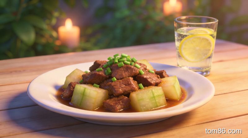 成品冬瓜焖牛肉盛在白色餐盘中,色泽诱人,搭配一杯柠檬水,简约餐桌