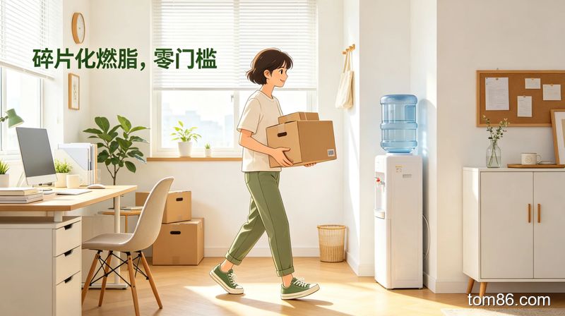 居家 / 办公室场景，人物在取快递、接水时自然小步走，不用穿运动鞋，风格清新明亮，画面标注&lsquo;碎片化燃脂，零门槛&rsquo;文字