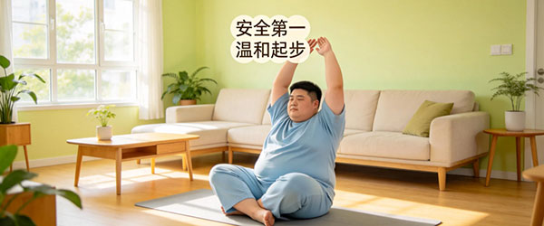 大体重人士轻松坐在瑜伽垫上做温和拉伸