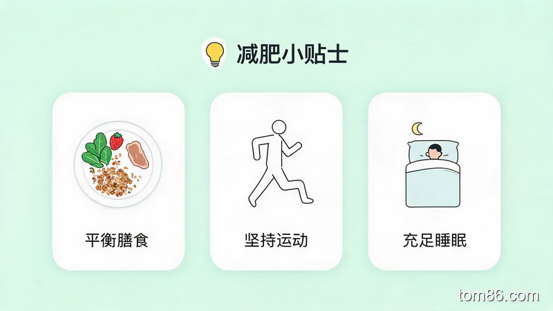 减肥小贴士信息图,包含均衡饮食、运动、睡眠图标
