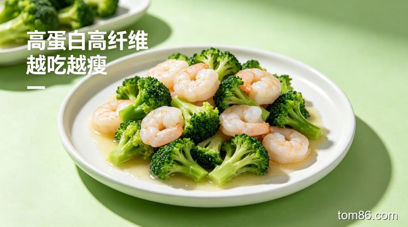 餐桌场景，摆放着一盘清爽的西兰花炒虾仁，旁边配有文字 &ldquo;高蛋白高纤维 越吃越瘦&rdquo;，清新明亮生活化风格，突出低脂健康感