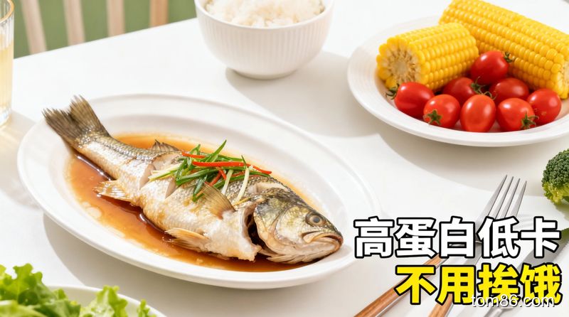 餐桌场景，摆放着清蒸鱼、玉米、圣女果的减脂餐，清新明亮生活化风格，带有 &ldquo;高蛋白低卡 不用挨饿&rdquo; 文字标注，呈现懒人轻松减脂的氛围
