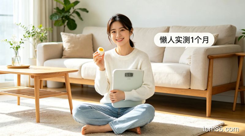 女生手持体重秤和水煮蛋，面带微笑，风格清新明亮，画面标注 &ldquo;懒人实测 1 个月&rdquo;