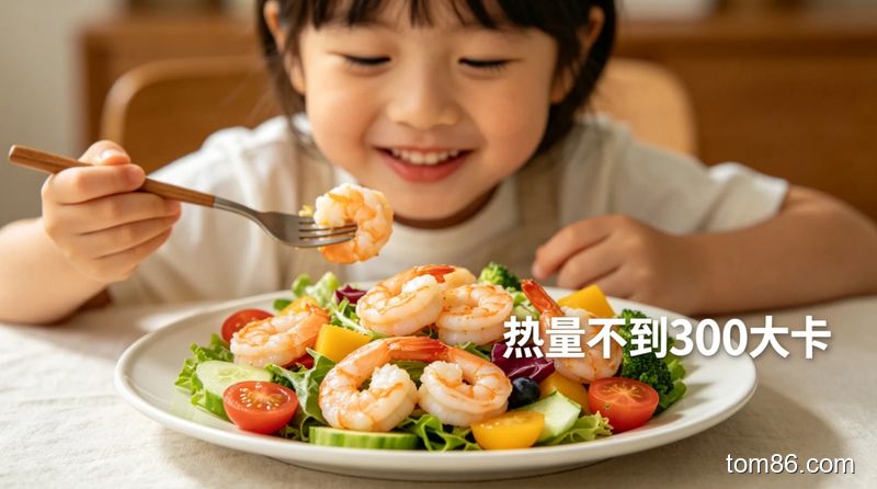餐桌上，小孩开心地吃着虾仁沙拉，沙拉摆盘精致诱人，风格温馨明亮，画面标注 &ldquo;热量不到 300 大卡&rdquo; 文字