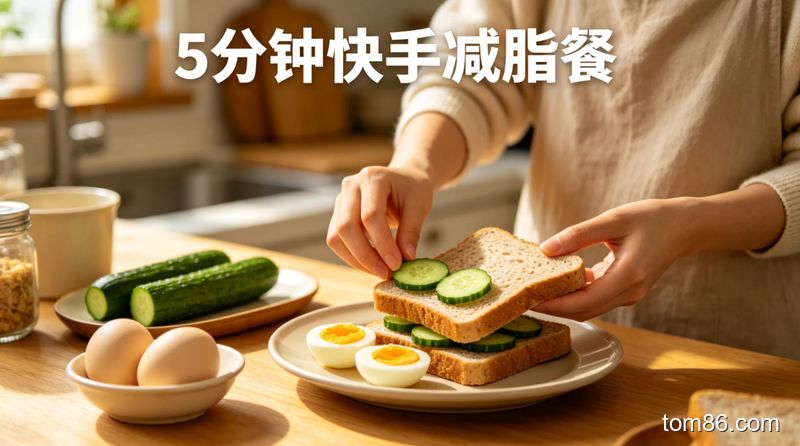 摆放水煮蛋、黄瓜、全麦面包,女生快速组装减脂餐,风格生活化,画面标注 “5 分钟快手减脂餐”