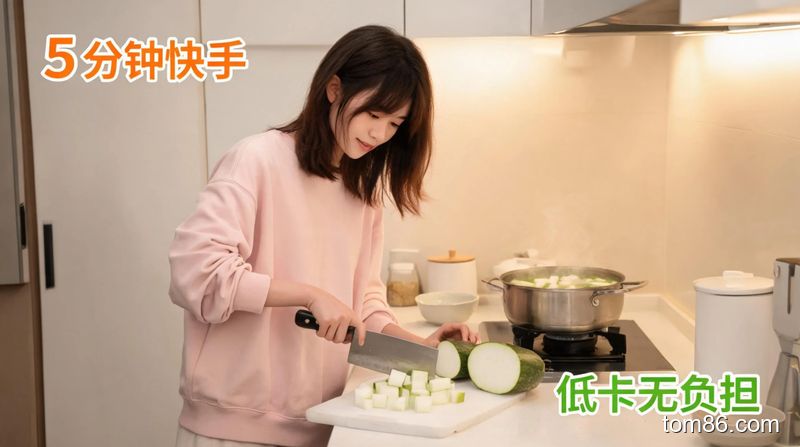 厨房简约场景,女生快速切冬瓜煮清汤,动作轻松随意,风格温馨接地气,画面标注 “5 分钟快手”“低卡无负担” 文字