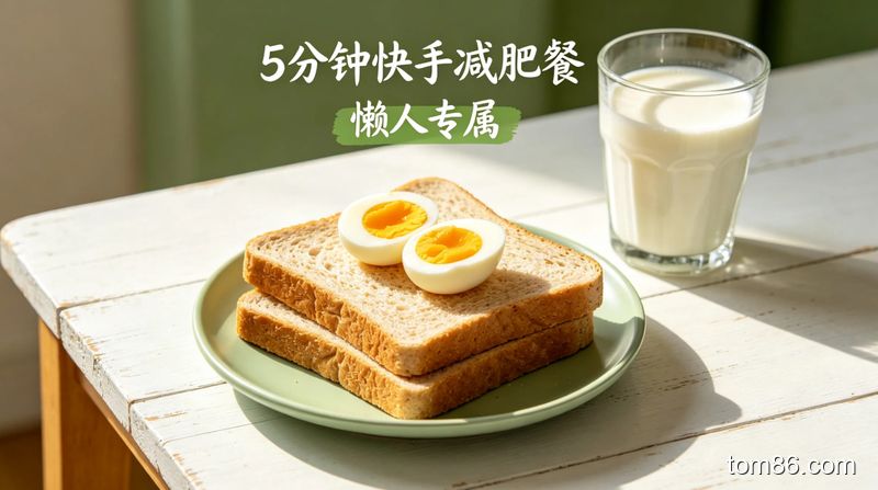 用煮鸡蛋、全麦吐司快速组装早餐，风格清新明亮，标注 &ldquo;5 分钟快手减肥餐&rdquo;&ldquo;懒人专属&rdquo;