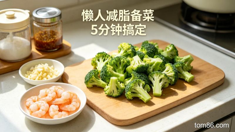 厨房台面场景，摆放着处理好的西兰花块、去壳虾仁、蒜末和调料罐，风格清新明亮，标注文字 &ldquo;懒人减脂备菜 5 分钟搞定&rdquo;