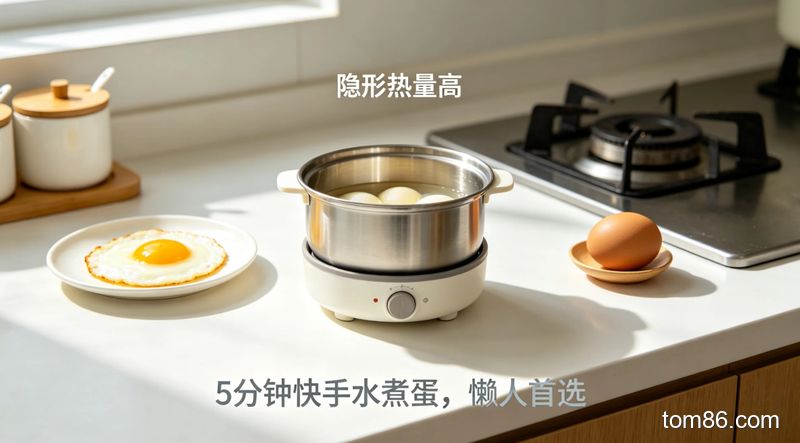 厨房灶台场景，懒人操作简易煮蛋器煮鸡蛋，旁边摆放煎蛋、卤蛋并标注「隐形热量高」，风格简约明亮，画面标注文字「5 分钟快手水煮蛋，懒人首选」
