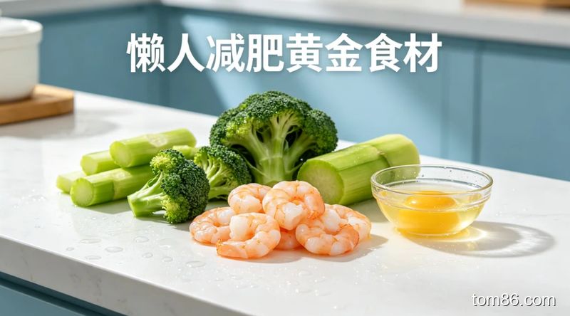 厨房台面场景，摆放新鲜虾仁、西兰花、莴笋、蛋清等低卡食材，风格清新明亮，标注 &ldquo;懒人减肥黄金食材&rdquo; 文字，突出食材简单易处理