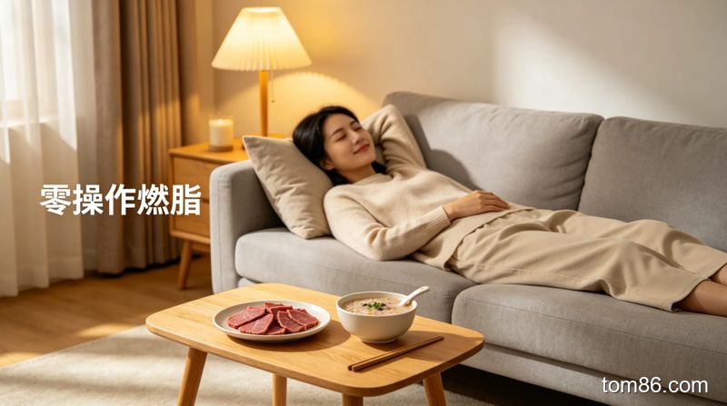 客厅沙发场景，懒人躺着追剧，旁边小桌上放着低脂代餐粥和切好的瘦牛肉片，风格温馨简约，标注文字「零操作燃脂」