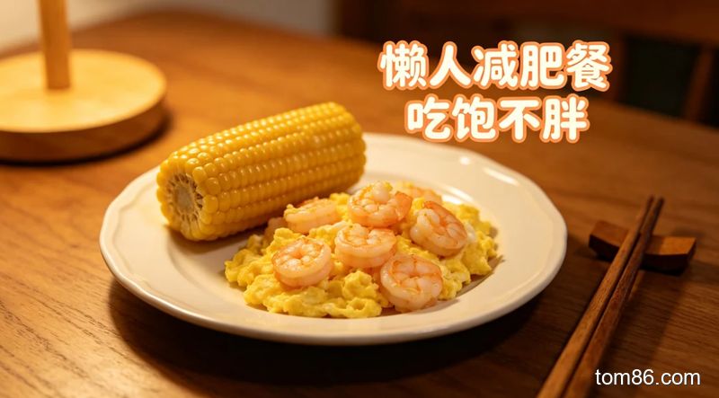 餐桌场景，一盘虾仁滑蛋搭配即食玉米，摆盘简洁，风格温馨治愈，标注 &ldquo;懒人减肥餐 吃饱不胖&rdquo;