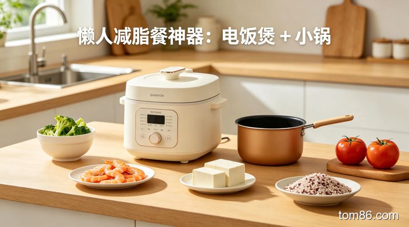 厨房场景，清新明亮生活化风格，展示电饭煲和小锅摆放在整洁台面上，旁边放着虾仁、豆腐、番茄、杂粮米等低卡高蛋白食材，标注文字「懒人减脂餐神器：电饭煲 + 小锅」