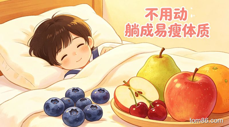 学生躺在床上，旁边放着蓝莓、苹果等低 GI 水果，风格温馨舒适，标注 &ldquo;不用动 躺成易瘦体质&rdquo;
