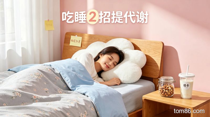  卧室床上躺着的人，旁边放低卡坚果和酸奶，配文字 &ldquo;吃睡 2 招提代谢&rdquo;，风格温馨明亮生活化，关键元素：柔软枕头、低卡零食、&ldquo;躺瘦加速&rdquo; 文字标注
